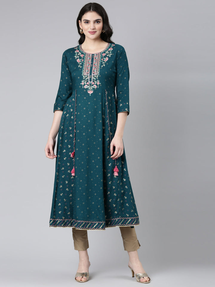 Neerus Green embroidered anarkali kurti - front view