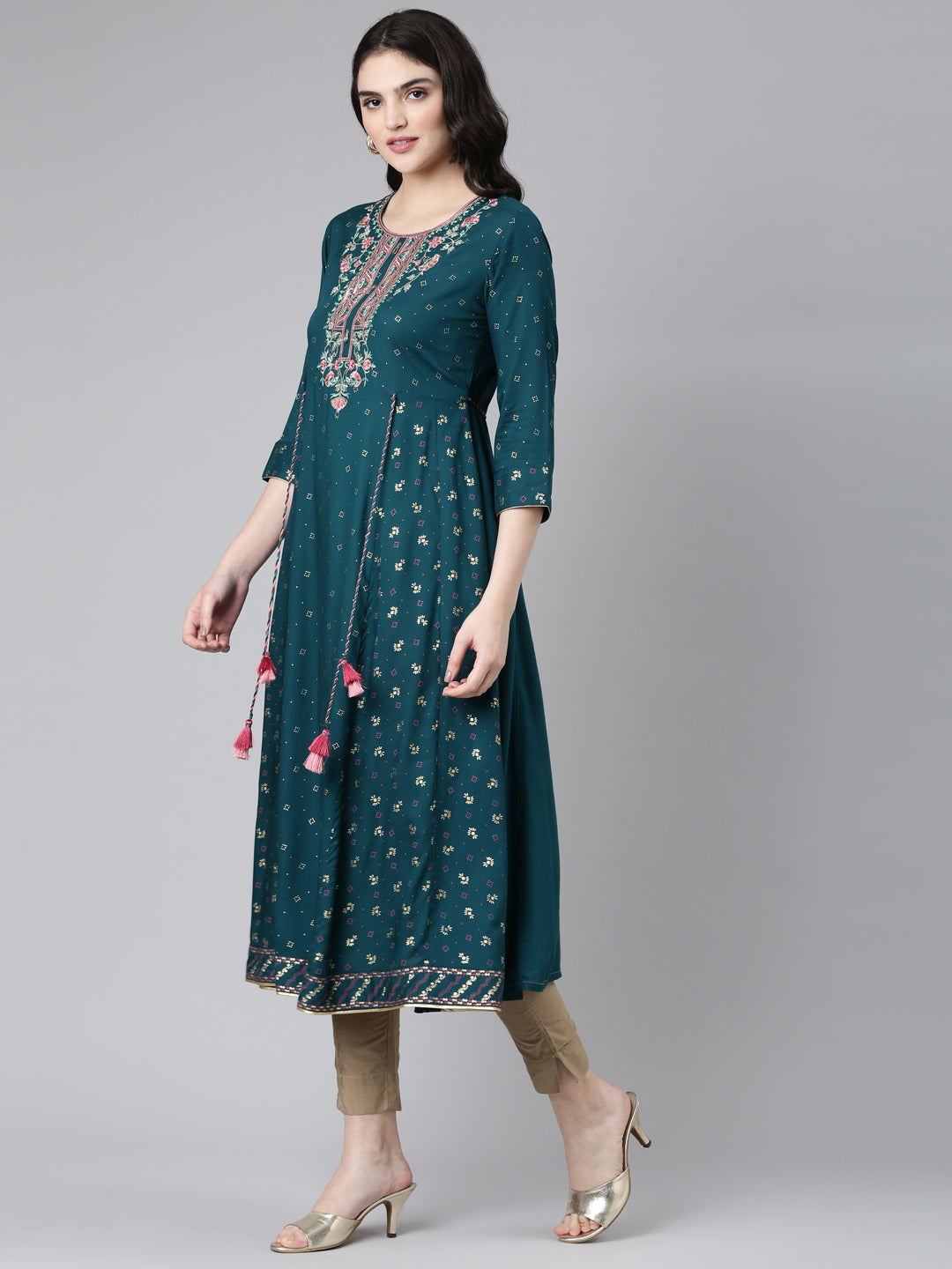 Neerus Green embroidered anarkali kurti - back view