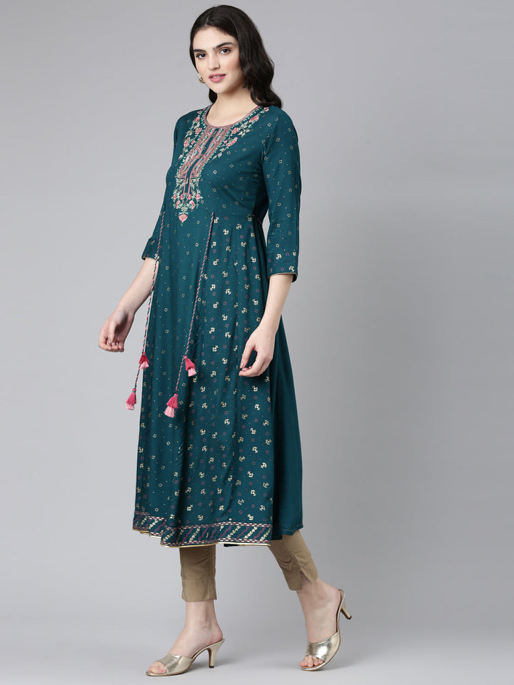 Neerus Green embroidered anarkali kurti - back view