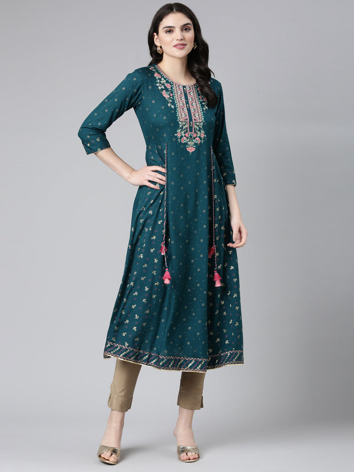 Neerus Green embroidered anarkali kurti - detail view 2