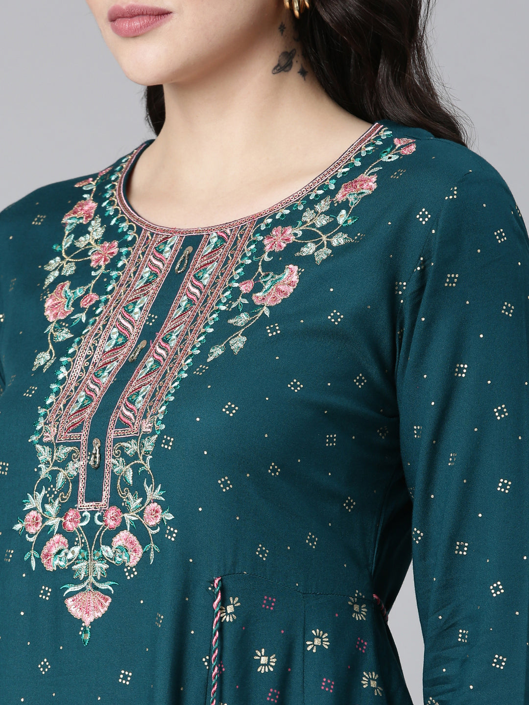 Neerus Green embroidered anarkali kurti - detail view 1