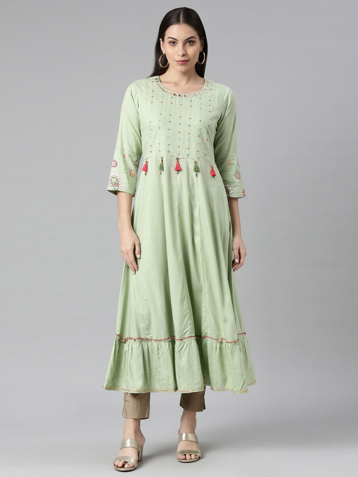 Neerus Green Rayon Solid Kurti - front view