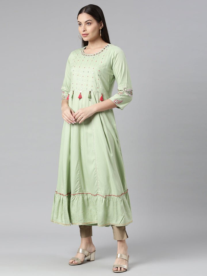 Neerus Green Rayon Solid Kurti - back view