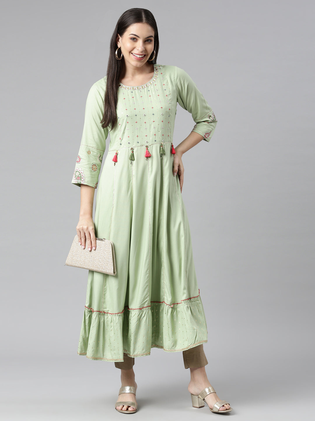 Neerus Green Rayon Solid Kurti - detail view 2