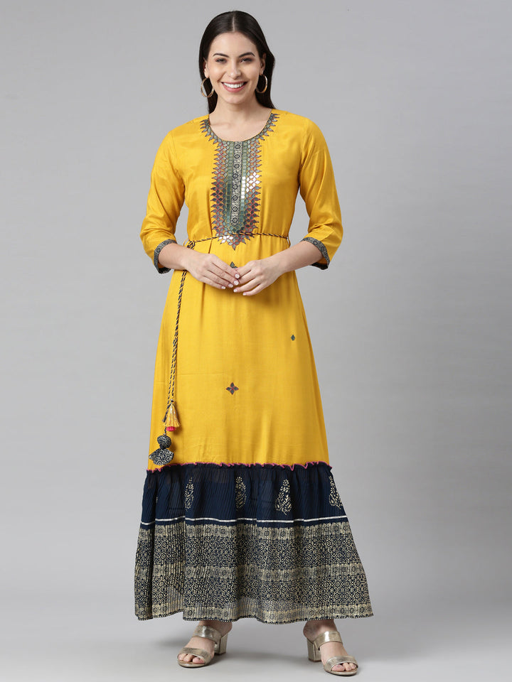 Neerus Yellow rayon solid dress - front view