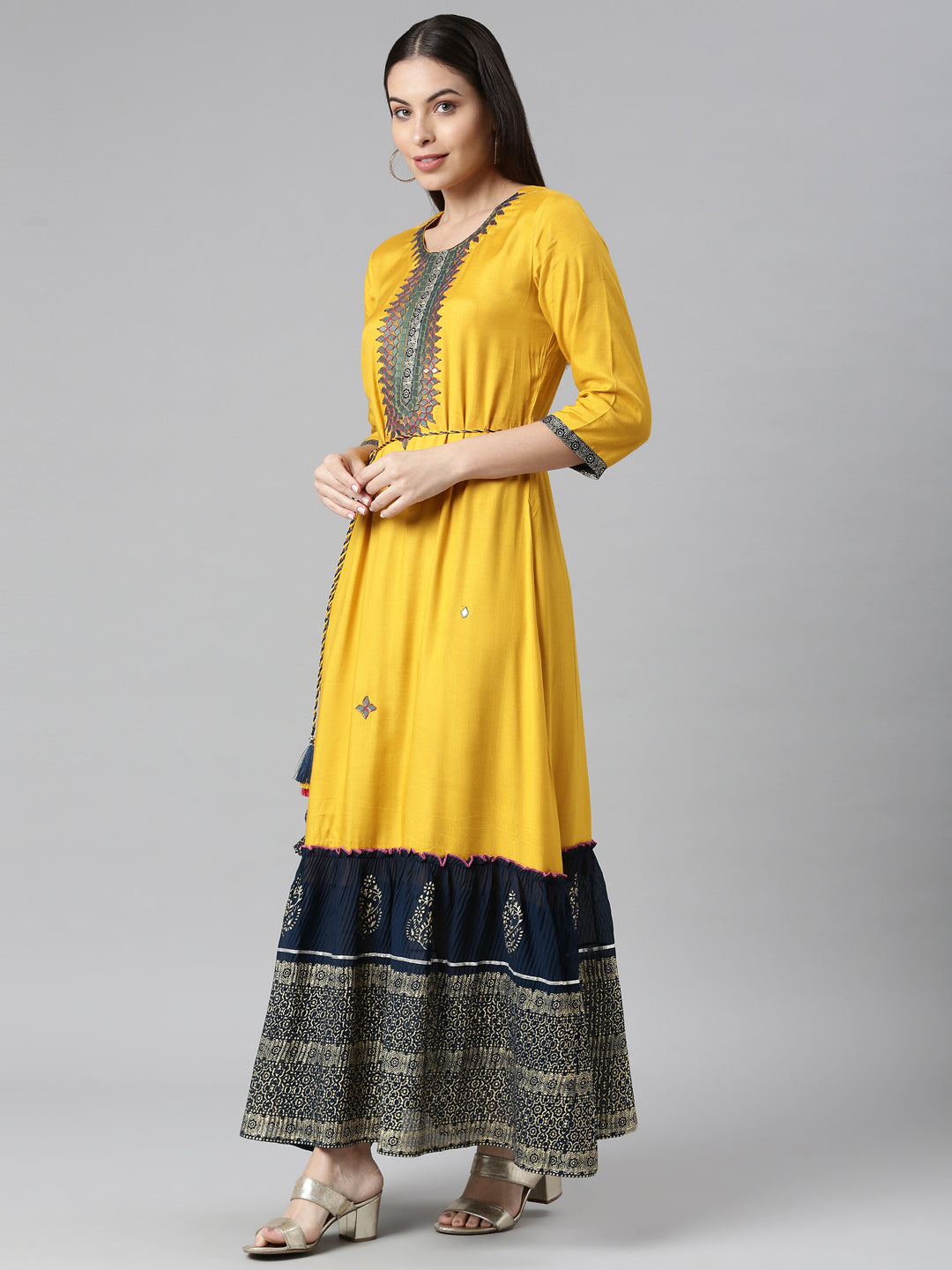 Neerus Yellow rayon solid dress - back view