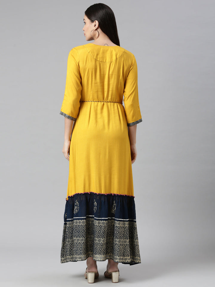 Neerus Yellow rayon solid dress - side view