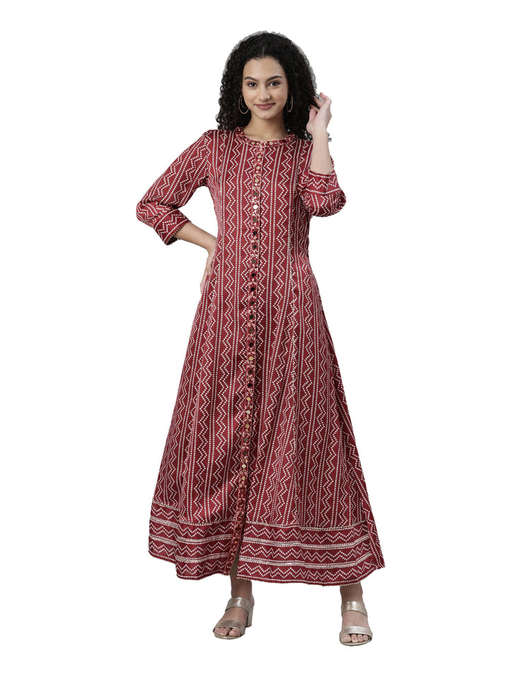 Neerus Maroon satin printed flared maxi dress - front view