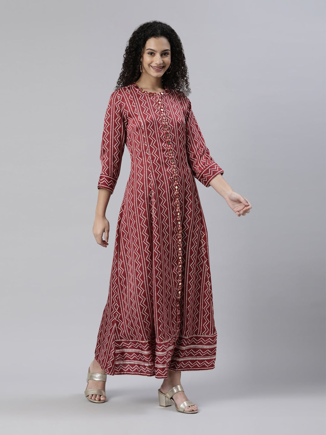 Neerus Maroon satin printed flared maxi dress - back view