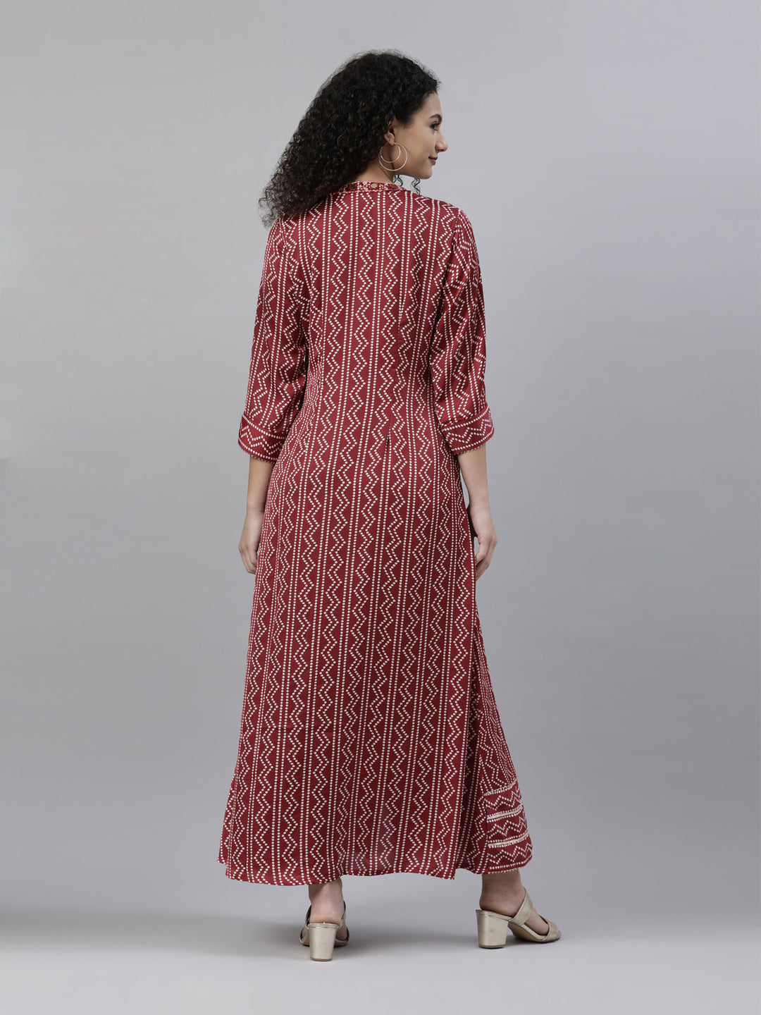 Neerus Maroon satin printed flared maxi dress - side view