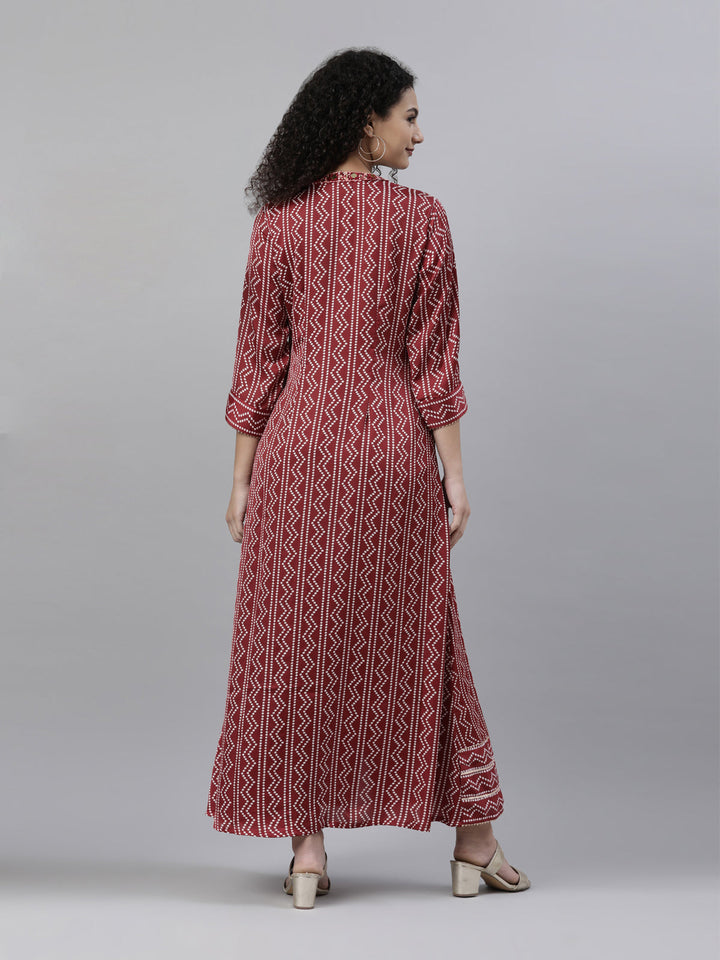 Neerus Maroon satin printed flared maxi dress - side view