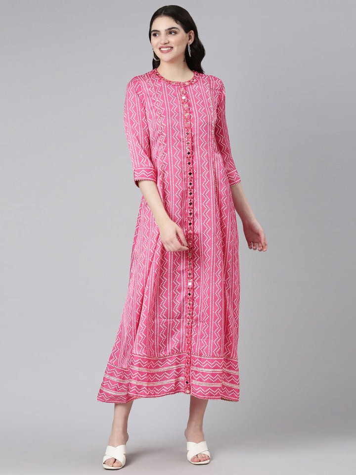 Neerus Pink printed anarkali kurta - front view