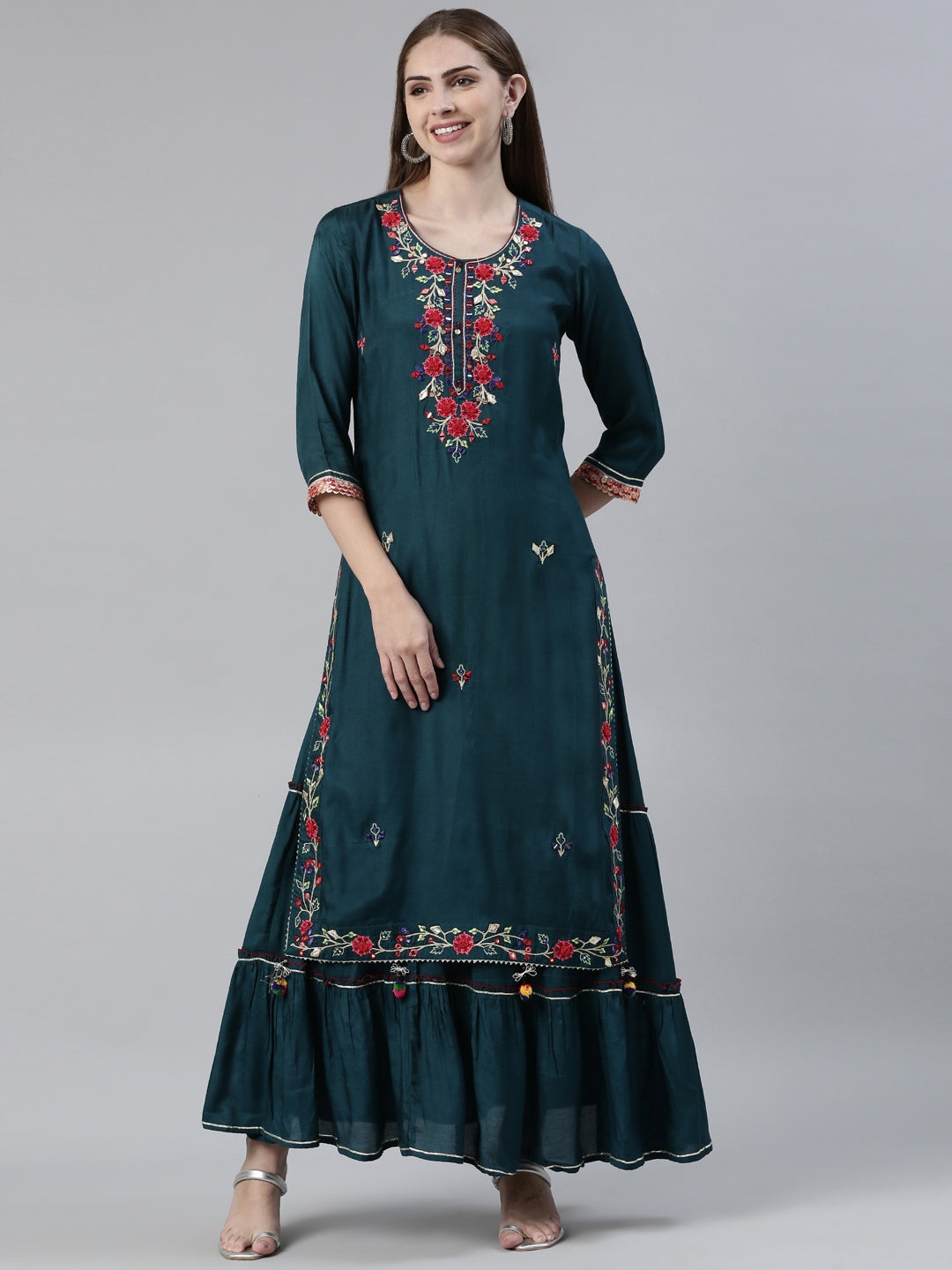 Neerus Green Shantoon Thread Embroidered Kurti - front view