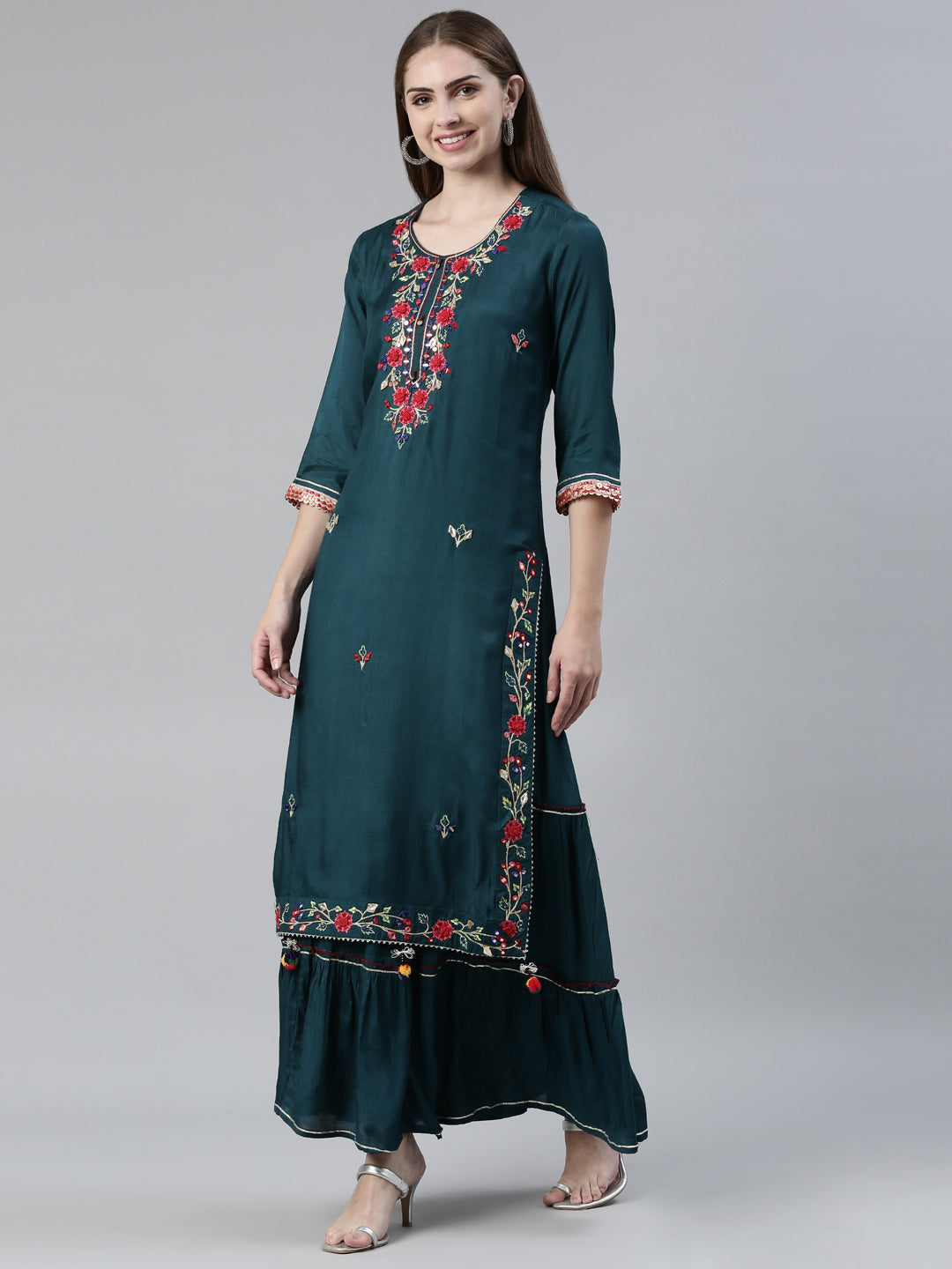 Neerus Green Shantoon Thread Embroidered Kurti - back view