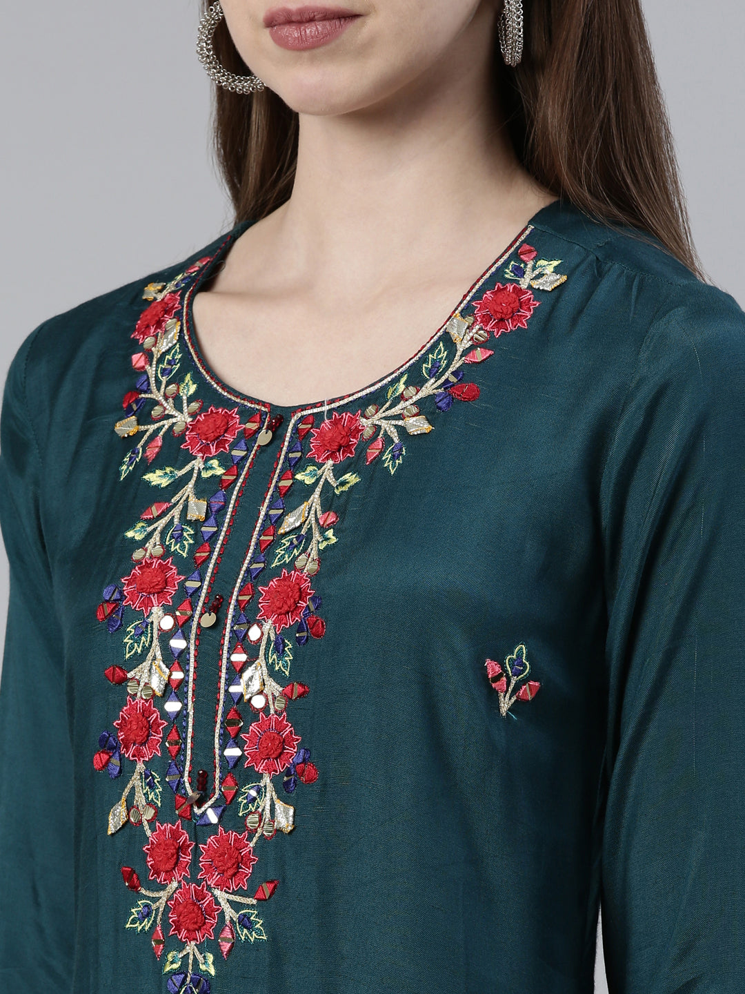 Neerus Green Shantoon Thread Embroidered Kurti - detail view 1