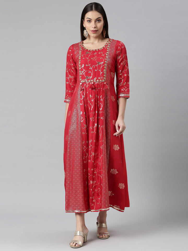 Neerus Red Color Silk Fabric Printed Kurta