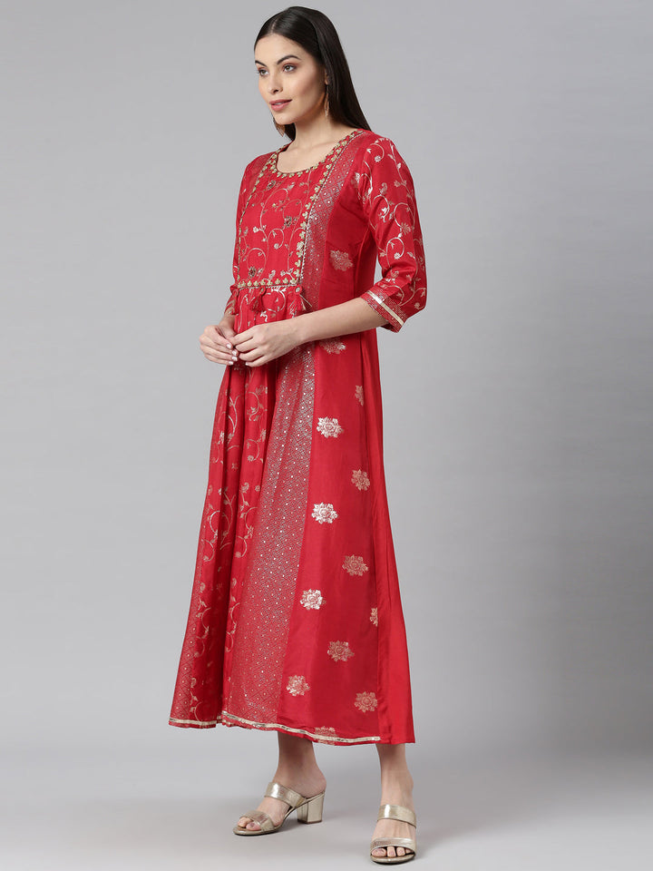 Neerus Red Color Silk Fabric Printed Kurta