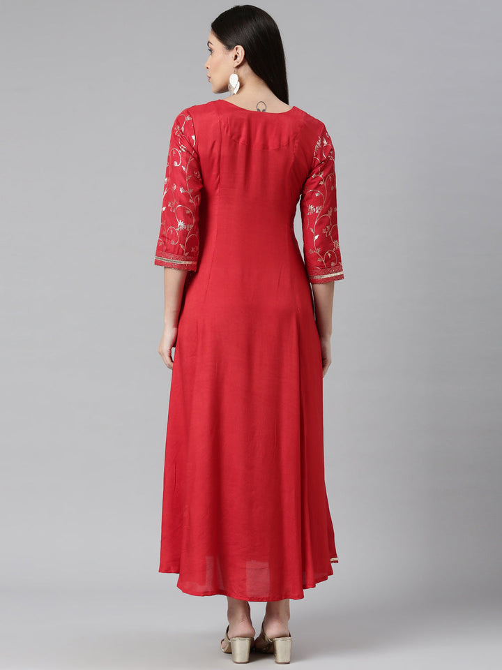 Neerus Red Color Silk Fabric Printed Kurta