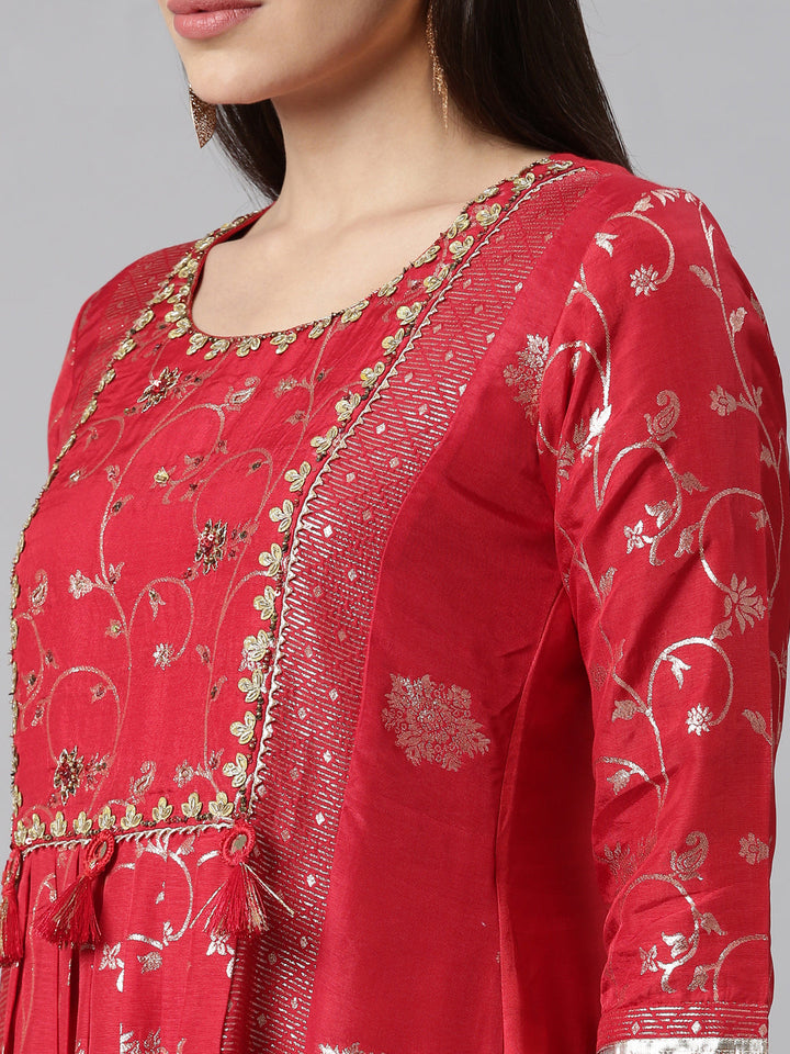 Neerus Red Color Silk Fabric Printed Kurta
