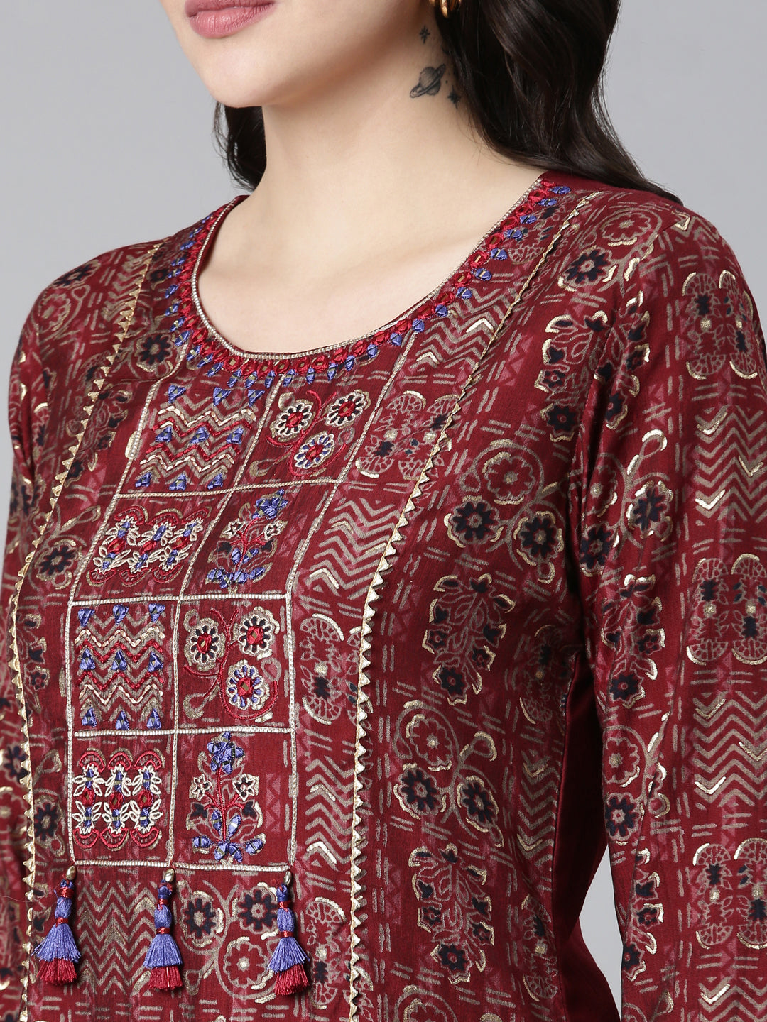 Neerus Maroon muslin printed straight kurti - detail view 1