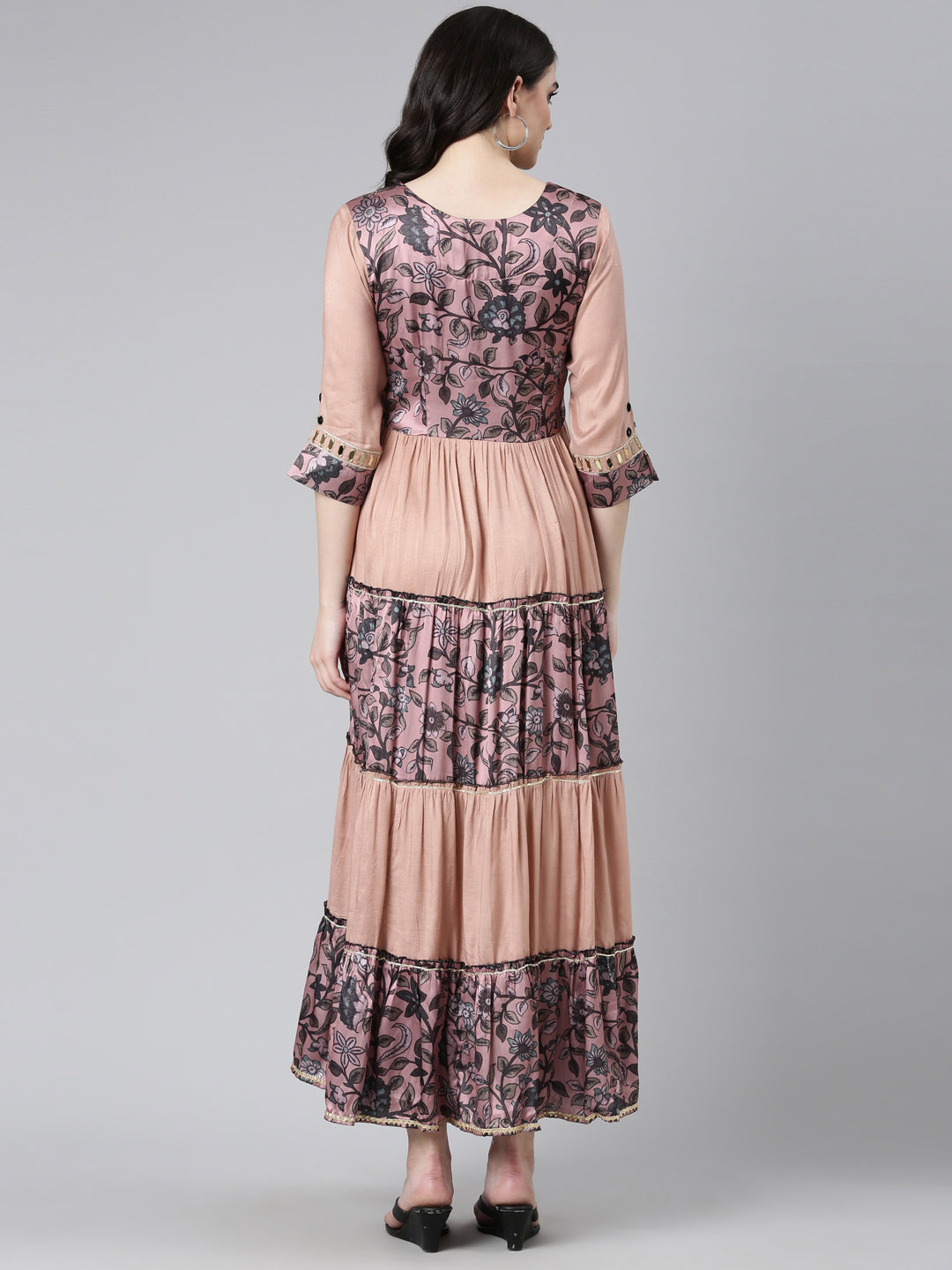 Neerus Pink muslin printed straight dress - side view
