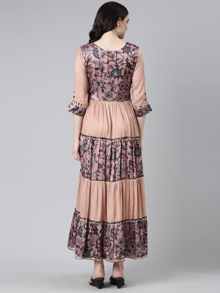 Neerus Pink muslin printed straight dress - side view