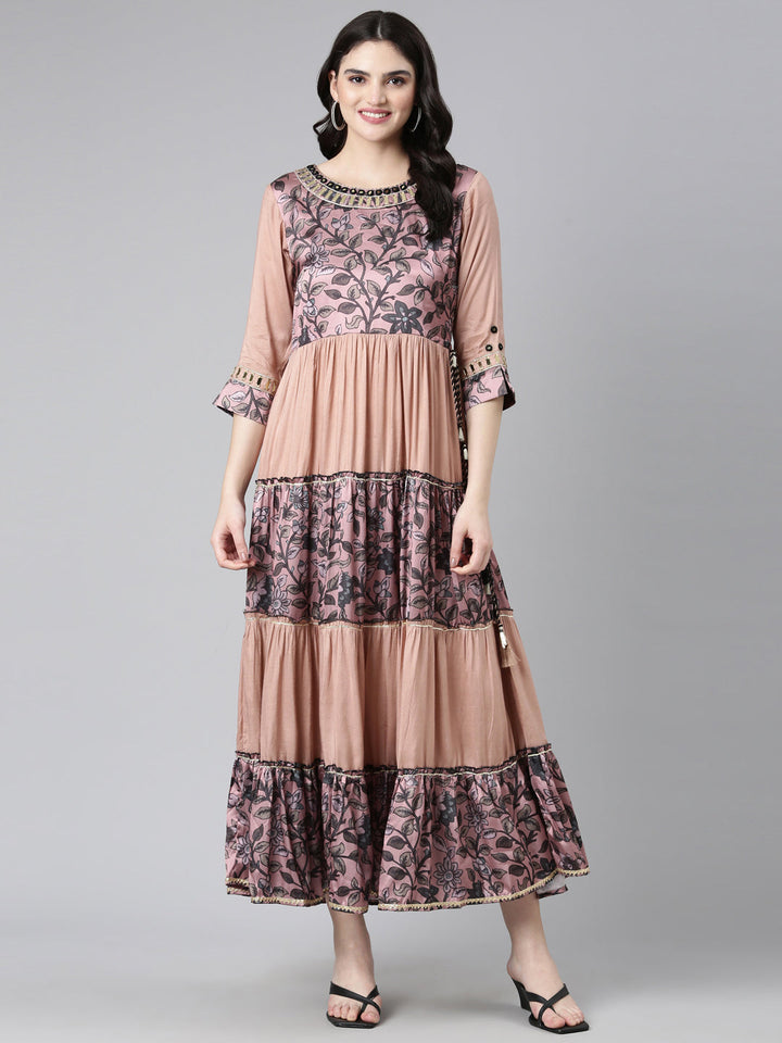 Neerus Pink muslin printed straight dress - detail view 2