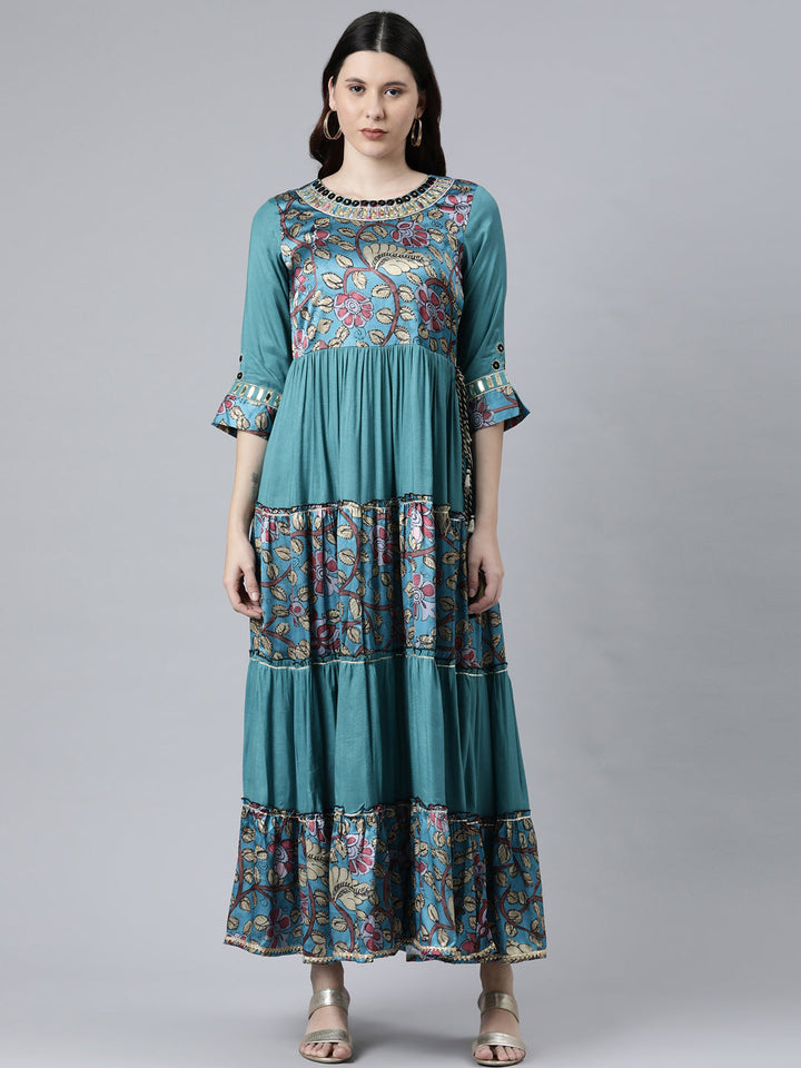 Neerus Green satin printed floral dress - front view