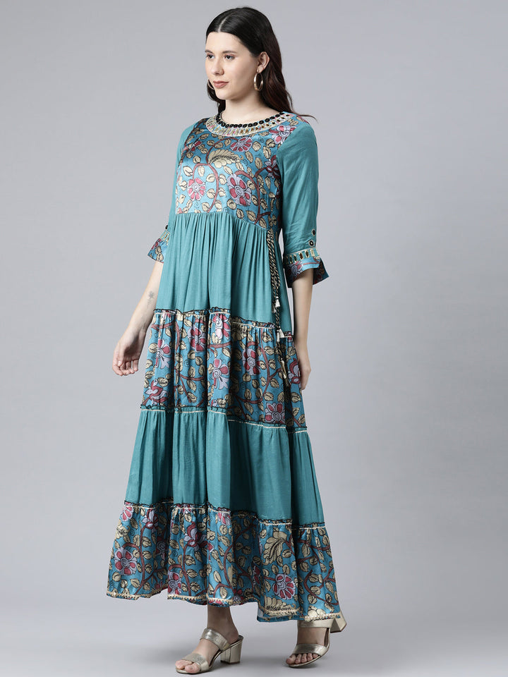 Neerus Green satin printed floral dress - back view