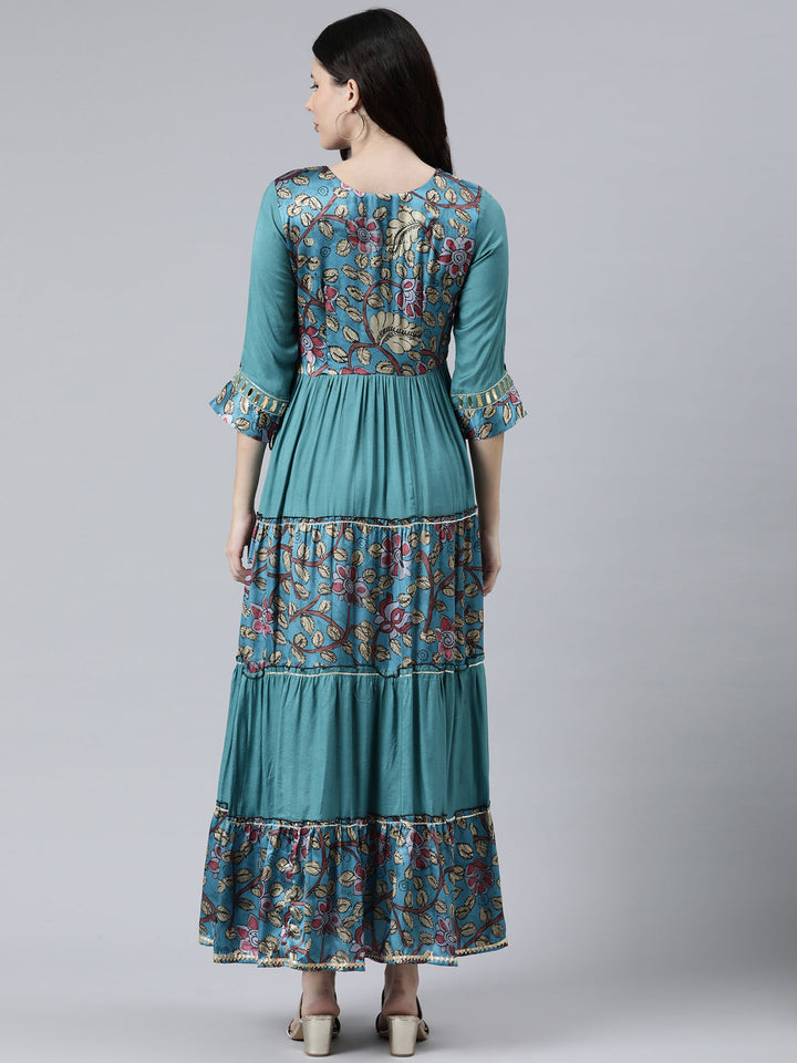 Neerus Green satin printed floral dress - side view