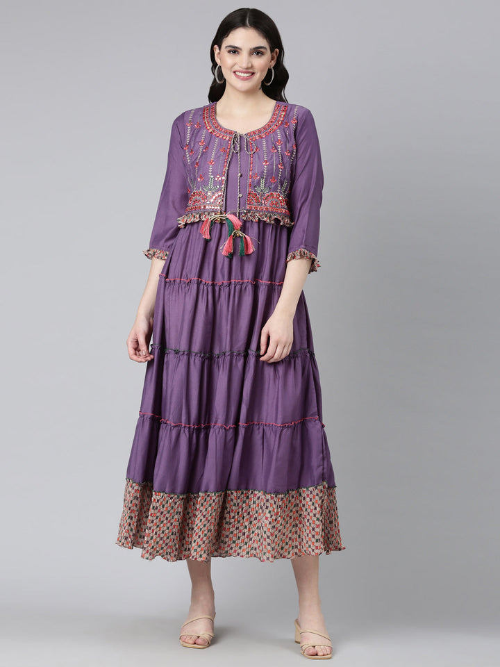 Neerus Purple muslin embroidered straight dress - front view
