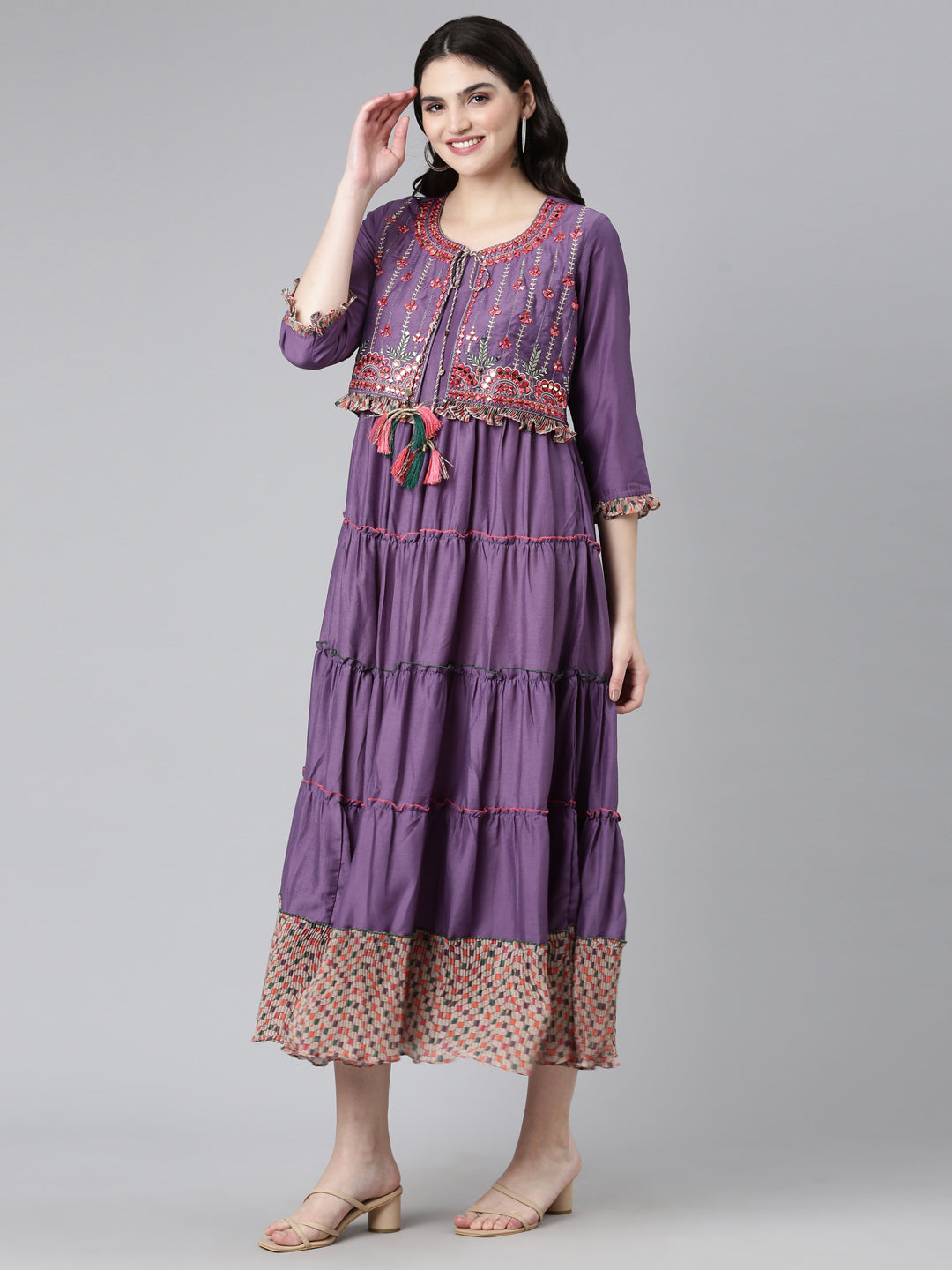 Neerus Purple muslin embroidered straight dress - back view