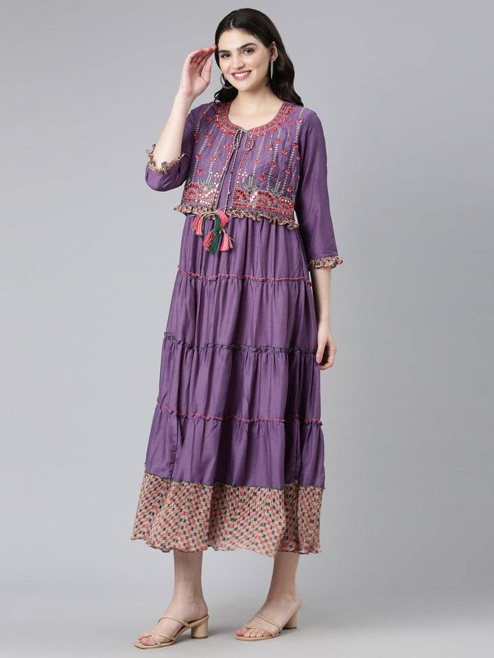 Neerus Purple muslin embroidered straight dress - back view