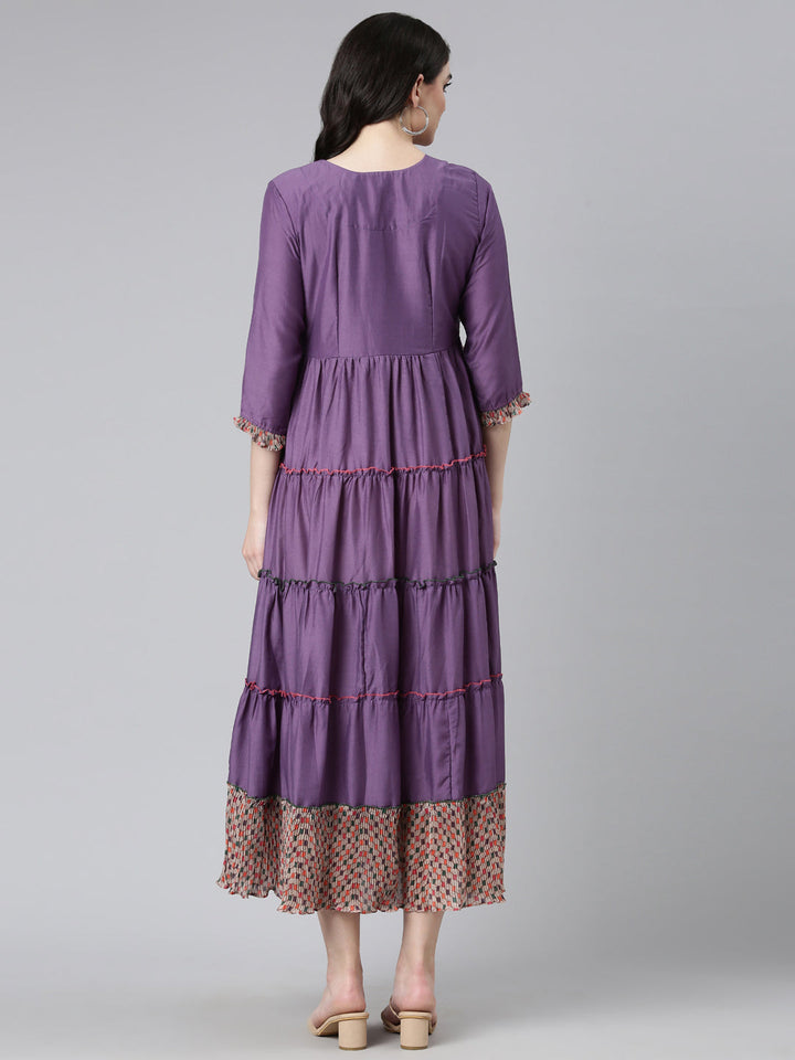 Neerus Purple muslin embroidered straight dress - side view