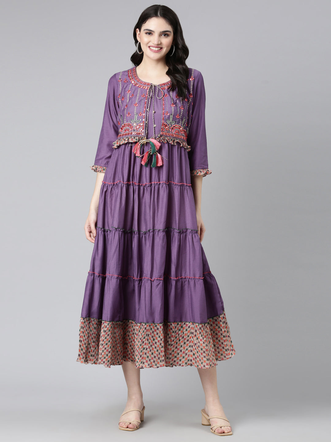 Neerus Purple muslin embroidered straight dress - detail view 2