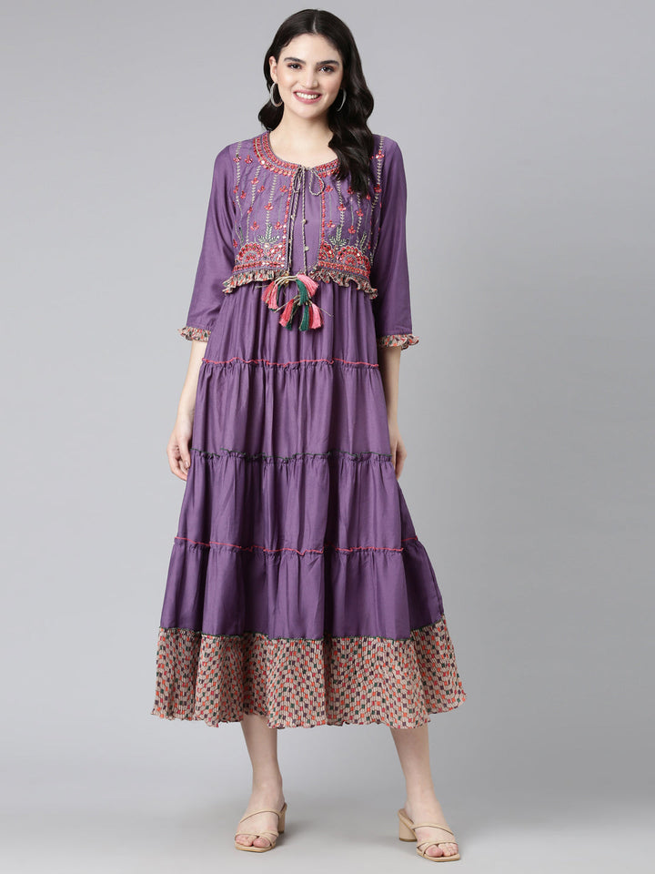 Neerus Purple muslin embroidered straight dress - detail view 2