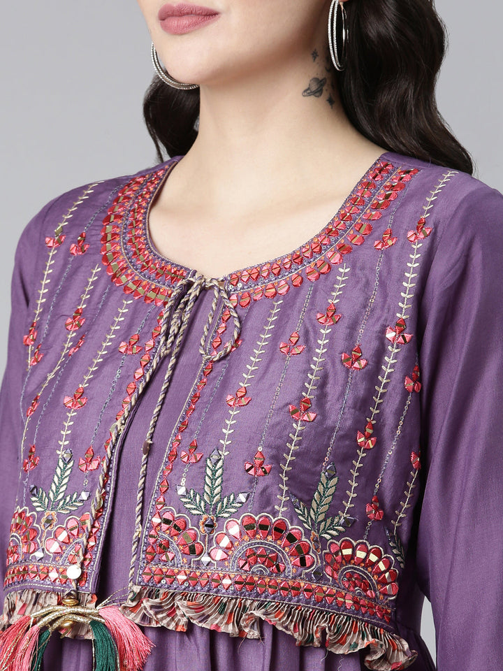 Neerus Purple muslin embroidered straight dress - detail view 1