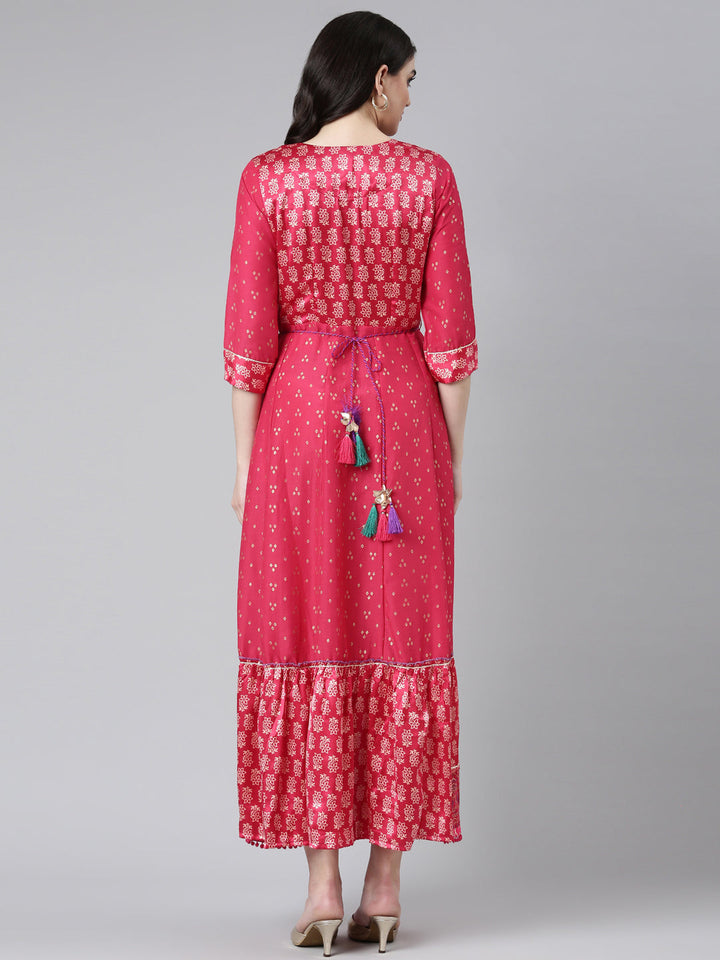 Neerus Pink Straight Casual Printed Dress