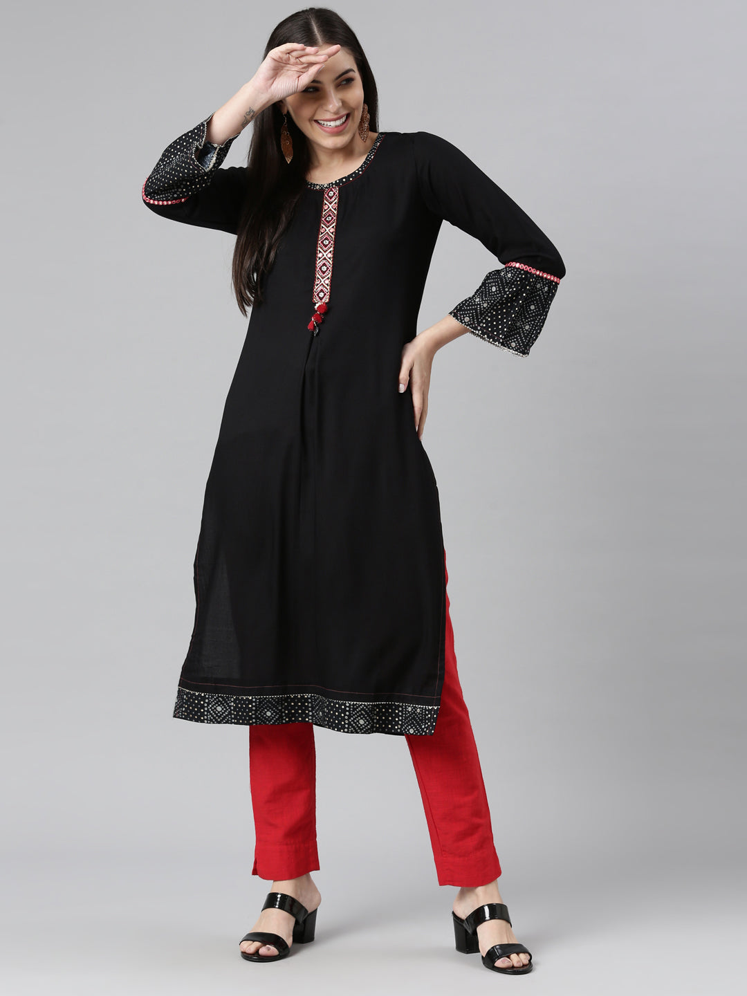 Neerus Black rayon solid kurti - detail view 2