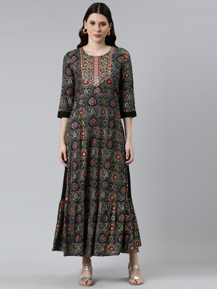 Neerus Black Printed Floral Dress