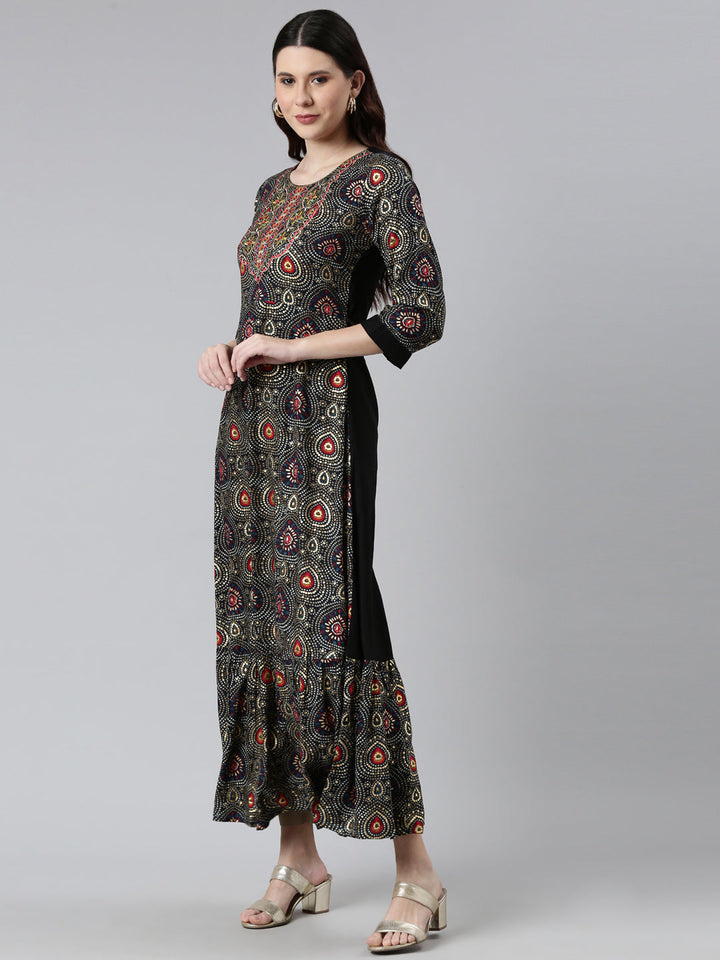 Neerus Black Printed Floral Dress