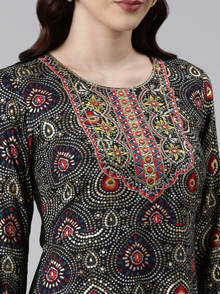 Neerus Black Printed Floral Dress