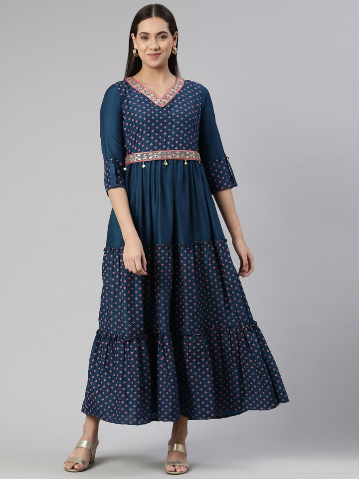 Neerus Multi rayon printed ethnic maxi dress - front view