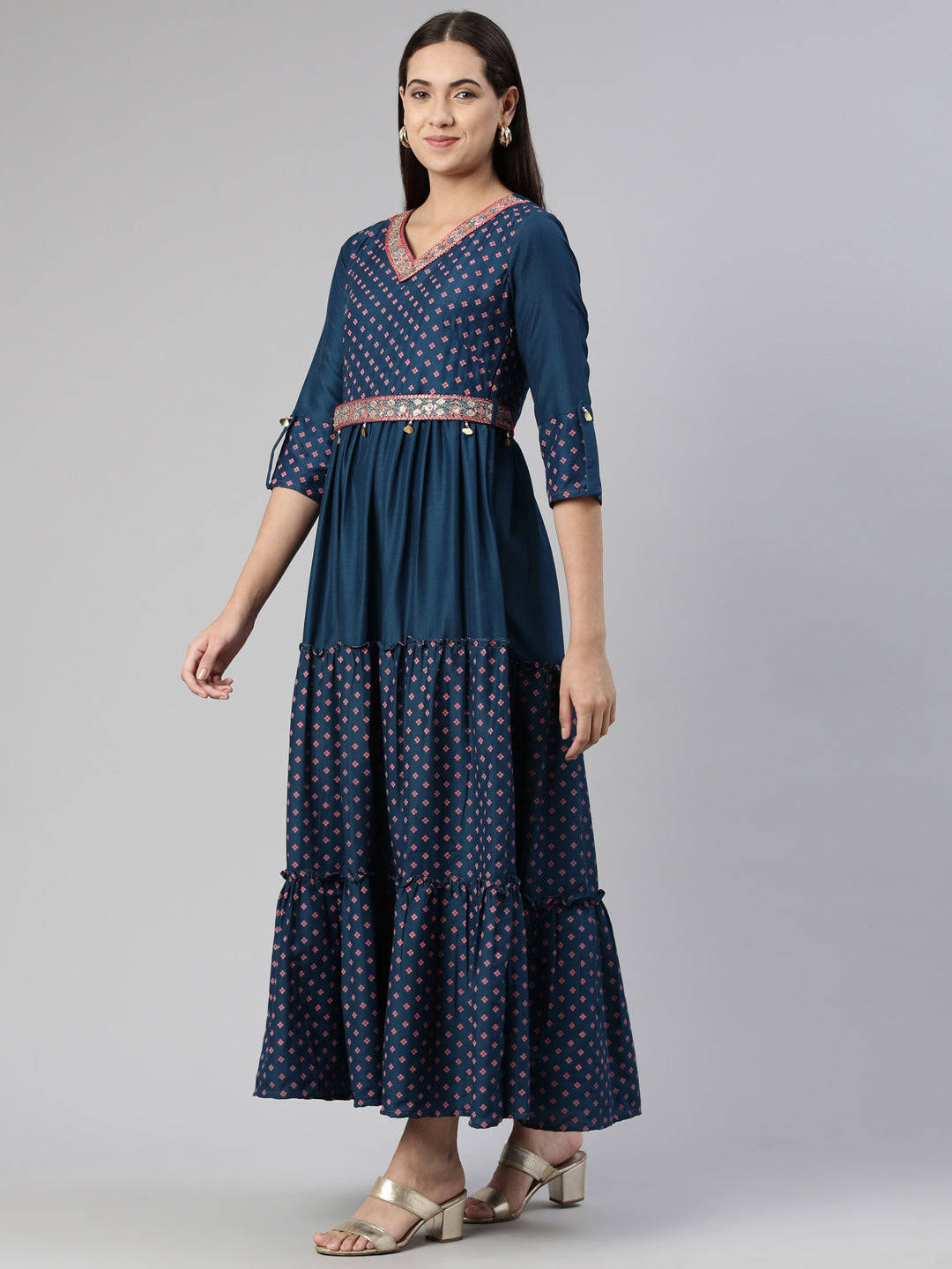 Neerus Multi rayon printed ethnic maxi dress - back view