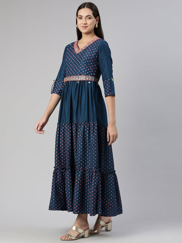 Neerus Multi rayon printed ethnic maxi dress - back view