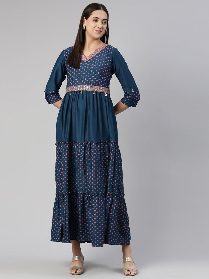 Neerus Multi rayon printed ethnic maxi dress - detail view 2
