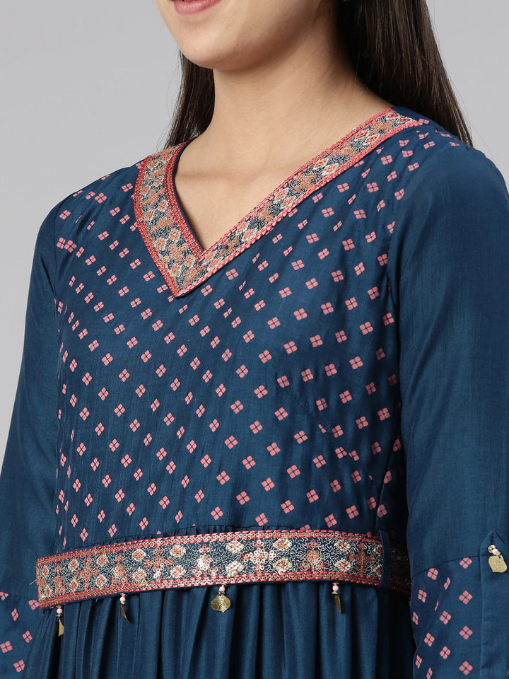 Neerus Multi rayon printed ethnic maxi dress - detail view 1