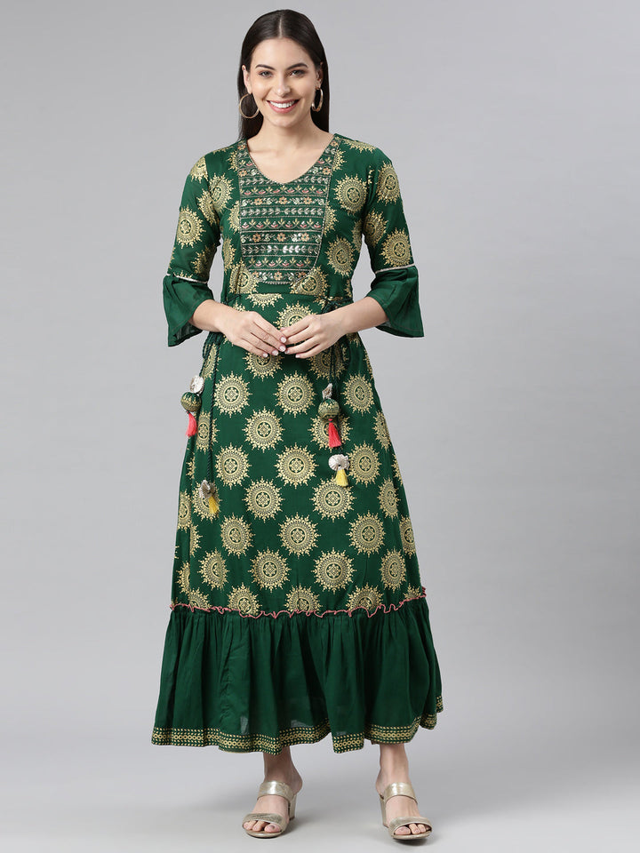 Neerus Green printed floral dress - front view