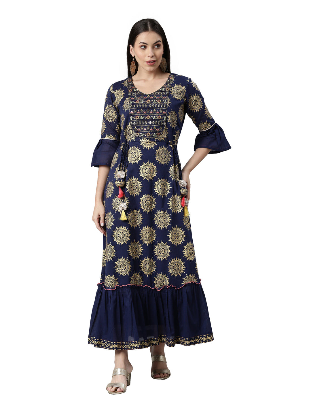 Neerus Blue embellished anarkali kurta flared sleeves - front view