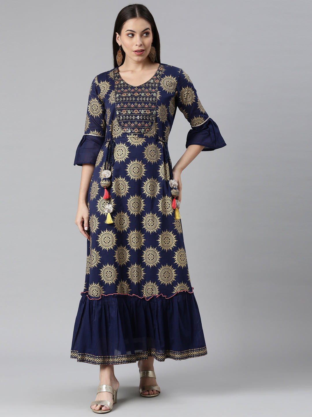 Neerus Blue embellished anarkali kurta flared sleeves - front view